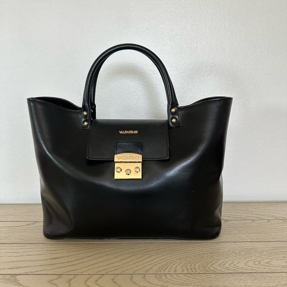 Valentino Black Leather Tote with Gold Hardware